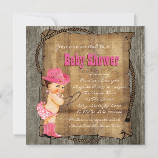 Pink und Brown Cowgirl Babydusche Einladung (Rückseite)