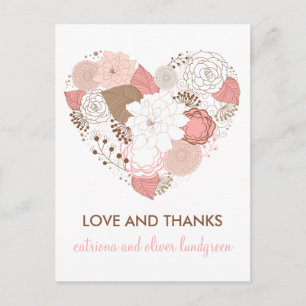 Pink und Brown Heart Blume Danke Postcard Postkarte