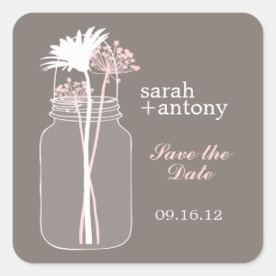 Pink und Brown Mason Jar und Blume Hochzeit Quadratischer Aufkleber