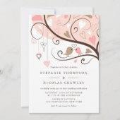 Pink und Brown Whimsical Lovebirds Hochzeit Einladung (Vorderseite)
