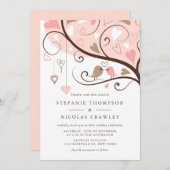 Pink und Brown Whimsical Lovebirds Hochzeit Einladung (Vorne/Hinten)