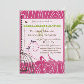 PINK und Brown Wood Grain Love Birds Apple Green Einladung (Stehend Vorderseite)