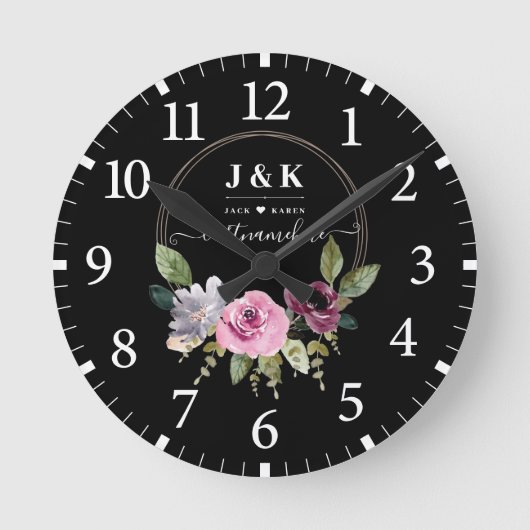 Pink und Burgundy Blush Custom Monogram Runde Wanduhr (Vorderseite)