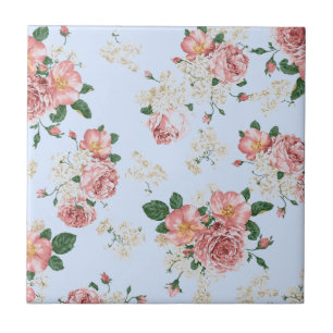 Pink und Creme auf Blau Vintage-Blumen Fliese