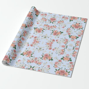 Pink und Creme auf Blau Vintage-Blumenmuster Geschenkpapier