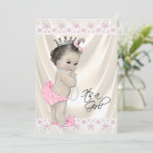 Pink und Creme Pearls und Lace Baby Dusche Einladung (Stehend Vorderseite)