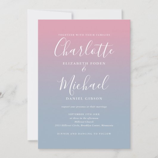 Pink und Dusty Blue Ombre QR Code Wedding Einladung (Vorderseite)