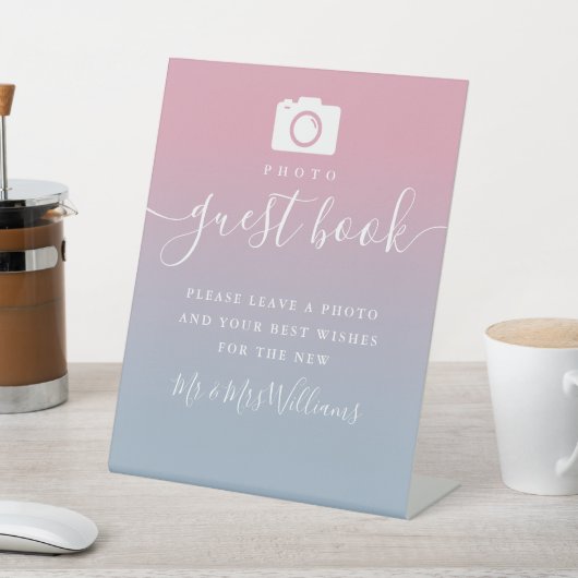 Pink und Dusty Blue Ombre Script Foto Gästebuch Sockelschild (In SItu)