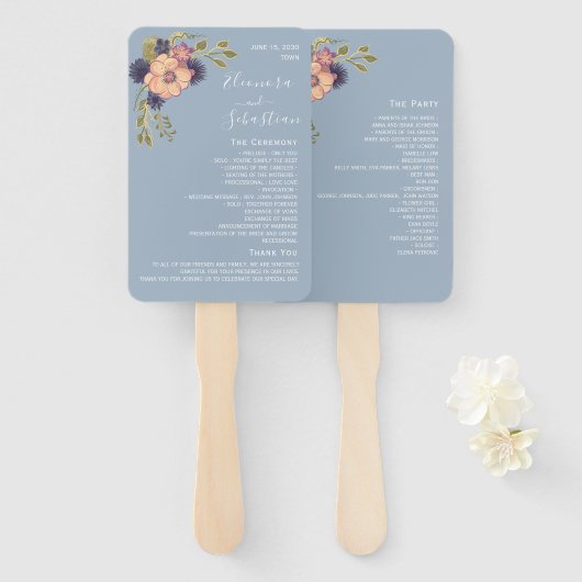 Pink und Dusty Blue Wedding Program Hand Fan Fächer (Vorne und Hinten)