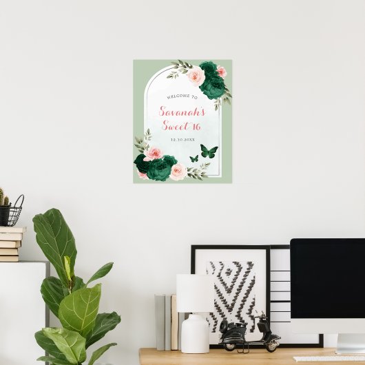 Pink und Emerald Green Sweet 16 Begrüßungszeichen Poster (Heimbüro)