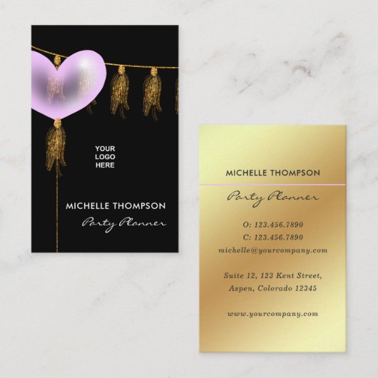Pink und Gold Ballon Party Plane Business Card Visitenkarte (Vorne/Hinten)