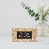 Pink und Gold Damask Chic Business Card Visitenkarte (Stehend Vorderseite)