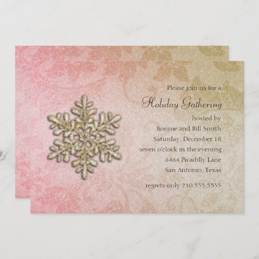 Pink und Gold Damask Snowflake Holiday Party Einladung (Vorne/Hinten)