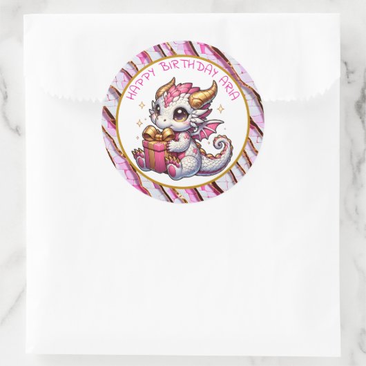 Pink und Gold Dragon Girls Personalisierter Geburt Runder Aufkleber (Tasche)