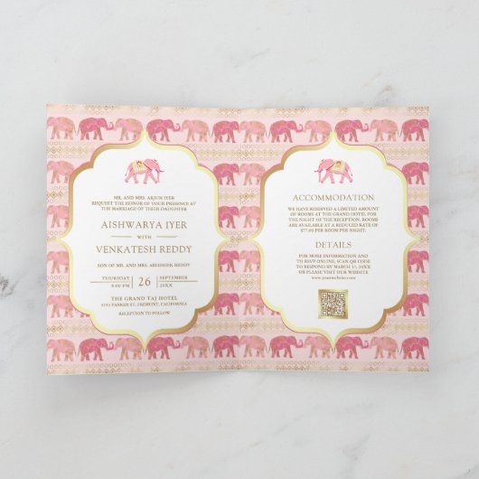 Pink und Gold Elephant Indian All in One Wedding Einladung (Innenseite)