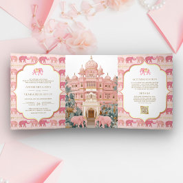 Pink und Gold Elephant Indian Palace Foto Hochzeit Dreifach Gefaltete Einladung