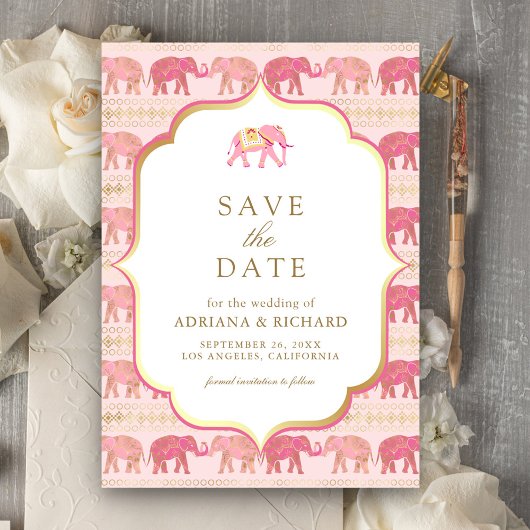 Pink und Gold Elephant Indian Wedding Foto Save The Date