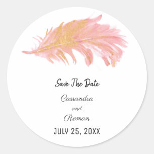 Pink und Gold Feder Save The Date Runder Aufkleber