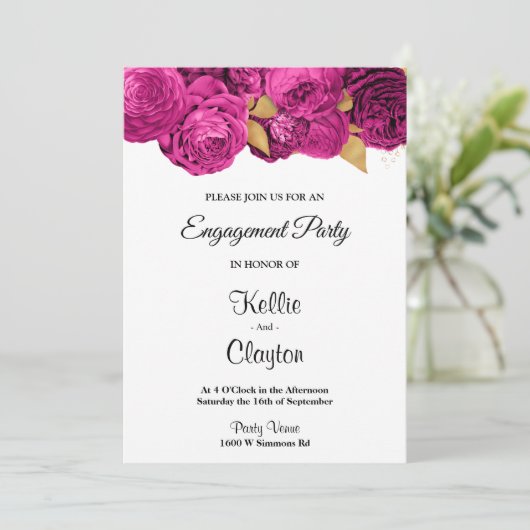 Pink und Gold-Flora-Engagement-Partei Einladung (Stehend Vorderseite)