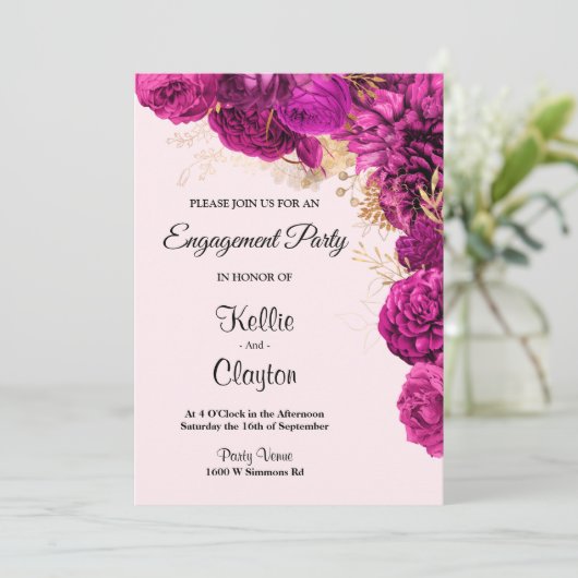 Pink und Gold-Flora-Engagement-Partei Einladung (Stehend Vorderseite)