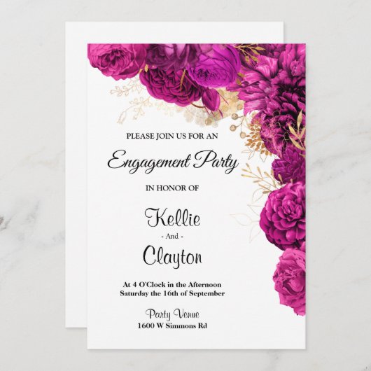 Pink und Gold-Flora-Engagement-Partei Einladung (Vorne/Hinten)