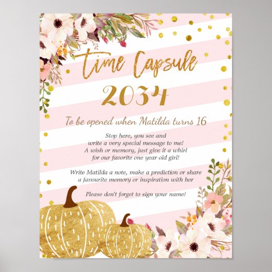 Pink und Gold Floral Pumpkin Time Kapsel Poster (Vorne)