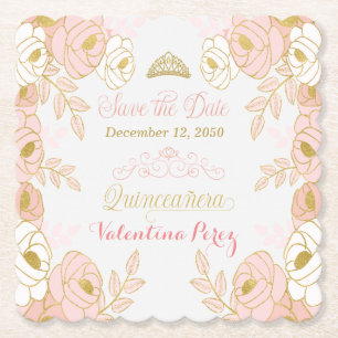PInk und Gold Floral Quinceanera Save the Date Untersetzer