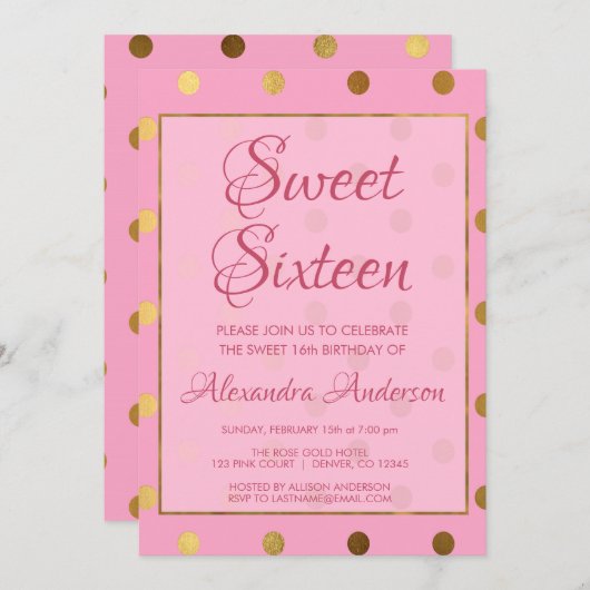 Pink und Gold Foil Polk Dot Sweet 16 Birthday Einladung (Vorne/Hinten)