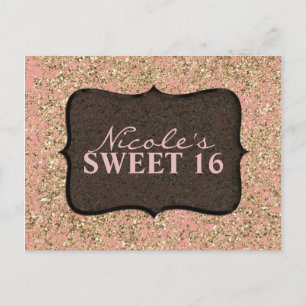 Pink- und Gold-Glitter-Party schwarze Glamour-Einl Einladungspostkarte