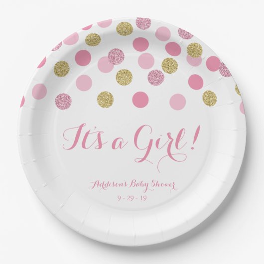 Pink und Gold Glitzer Baby Duschpapiere Teller (Vorderseite)