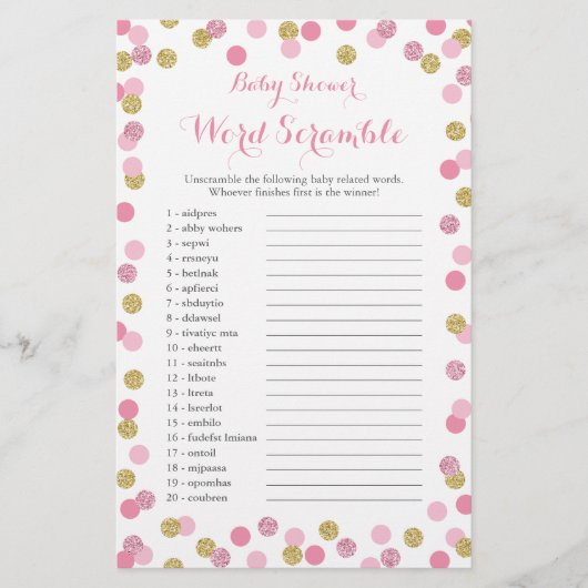 Pink und Gold Glitzer Kinderdusche Word Scramble Flyer (Vorne)