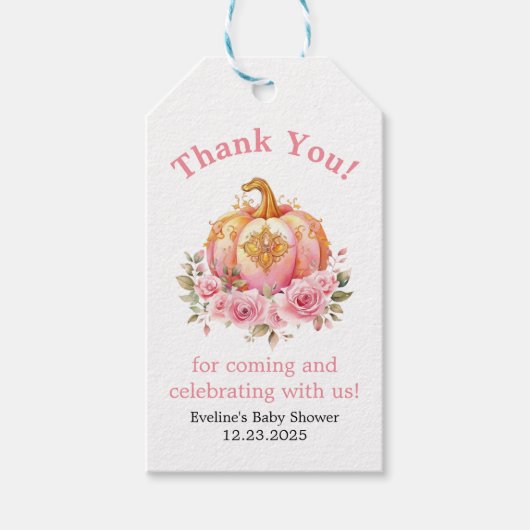 Pink und Gold Halloween Pumpkin Baby Dusche Geschenkanhänger (Vorderseite)