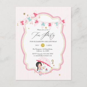 Pink und Gold Mädchen 3. Geburtstags-Teeparty Postkarte
