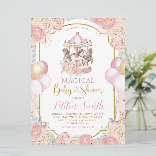 Pink und Gold Magical Carousel Baby Dusche einlade Einladung (Stehend Vorderseite)