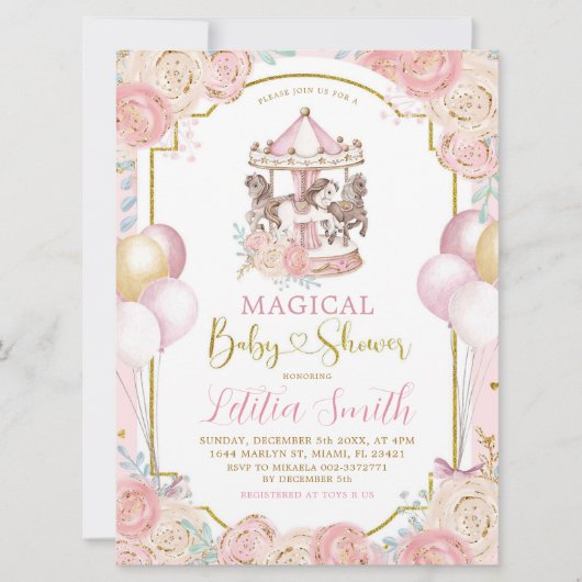 Pink und Gold Magical Carousel Baby Dusche einlade Einladung (Vorderseite)