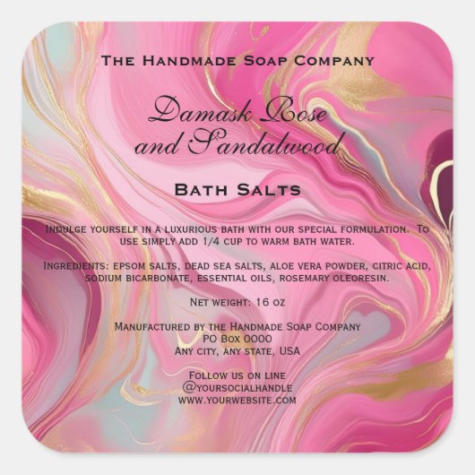 Pink und Gold Marmorsäulen - Pouchetikett Quadratischer Aufkleber (Vorderseite)