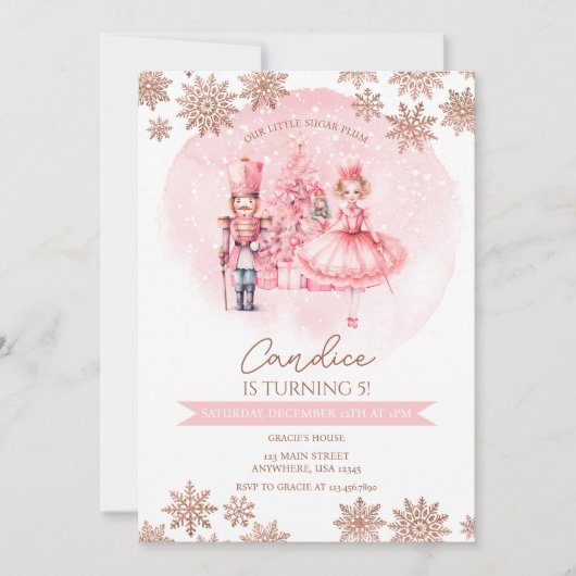 Pink und Gold Nutcracker Birthday Sugum Pflaume Fa Einladung (Vorderseite)
