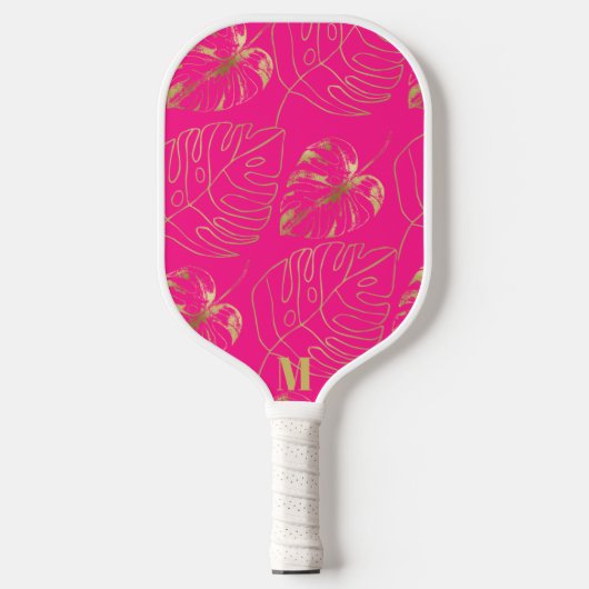 Pink und Gold Palm Leaf Muster | Modernes Monogram Pickleball Schläger (Vorderseite)