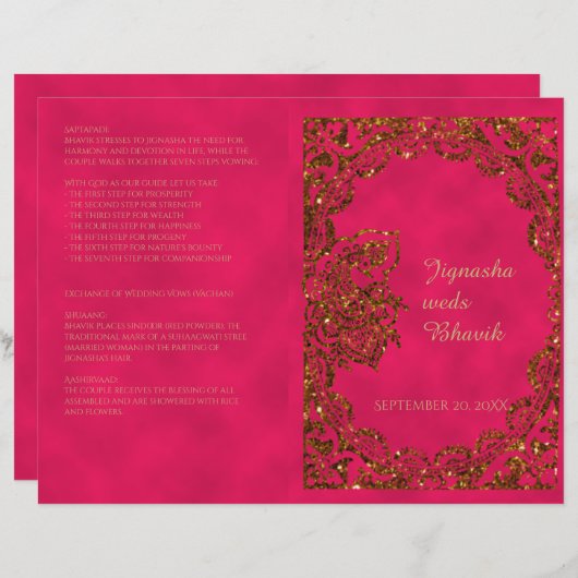 Pink und Gold Pfauengehindu-Hochzeitsprogramm (Vorne/Hinten)