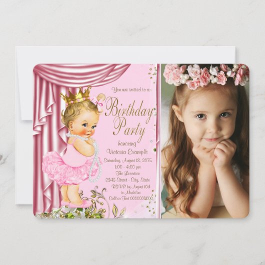 Pink und Gold Prinzessin Tutu Pearl Birthday Party Einladung (Vorderseite)