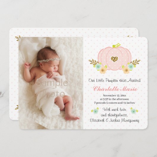 Pink und Gold Pumpkin Baby Geburtsankündigung Ankündigung (Vorne/Hinten)