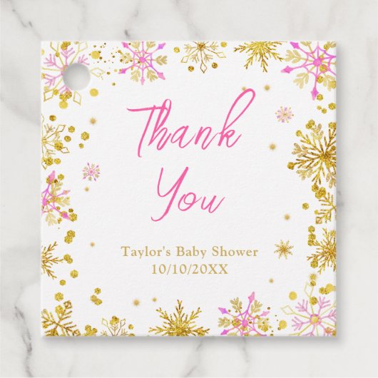 Pink und Gold Snowflakes Baby Dusche Danke Geschenkanhänger (Vorderseite)