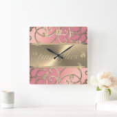 Pink und Gold Time Flock Quadratische Wanduhr (Zuhause)