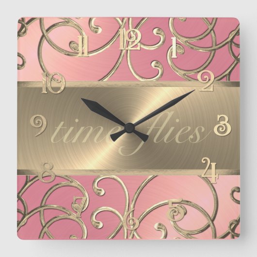 Pink und Gold Time Flock Quadratische Wanduhr (Vorderseite)
