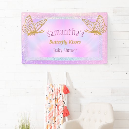 Pink und Gold Whimsical Butterfly Baby Dusche Banner (Insitu)