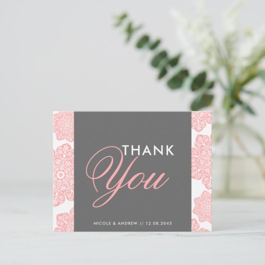 Pink und Grau Batik Blume Danke Postcard Postkarte (Stehend Vorderseite)