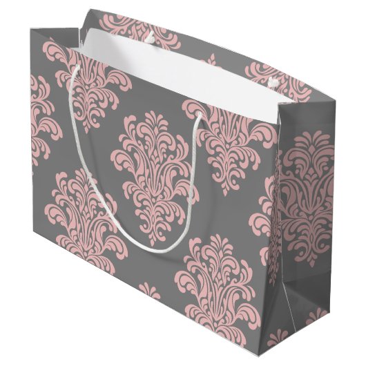 Pink und Grau-Damaskus-Muster Große Geschenktüte (Rückseite Schrägansicht)