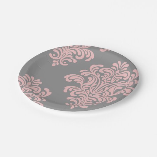 Pink und Grau-Damaskus-Muster Pappteller (Schrägansicht)