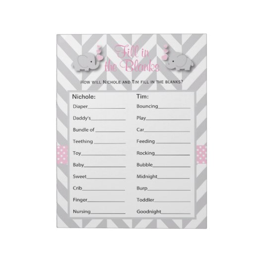 Pink und Grau Elephant Baby Shower Game - Custom Notizblock (Rotiert)