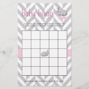 Pink und Grau Elephant Babydusche Bingo Briefpapier